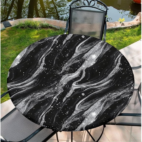 Round Fitted Tablecloth with Elastic Edge, Stain Resistant Waterproof Fabric Table Cover for 40"-44" Round Table, Indoor Outdoor Dining, Kitchen Decor, Camping, Holiday, Party, Black Marble