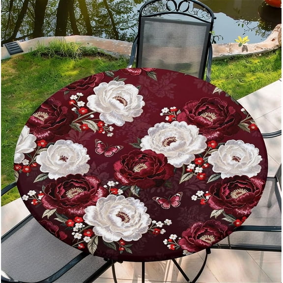 Round Fitted Tablecloth with Elastic Edge, Stain Resistant Waterproof Fabric Table Cover for 40"-44" Round Table, Indoor Outdoor Dining, Kitchen Decor, Camping, Holiday, Party, Red Peony