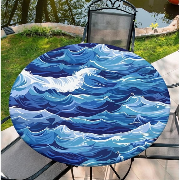Round Fitted Tablecloth with Elastic Edge, Stain Resistant Waterproof Fabric Table Cover for 40"-44" Round Table, Indoor Outdoor Dining, Kitchen Decor, Camping, Holiday, Party, Waves Blue