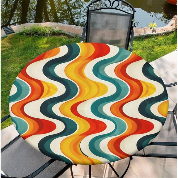 Round Fitted Tablecloth with Elastic Edge, Stain Resistant Waterproof Fabric Table Cover for 40"-44" Round Table, Indoor Outdoor Dining, Kitchen Decor, Camping, Holiday, Party, Retro Wave