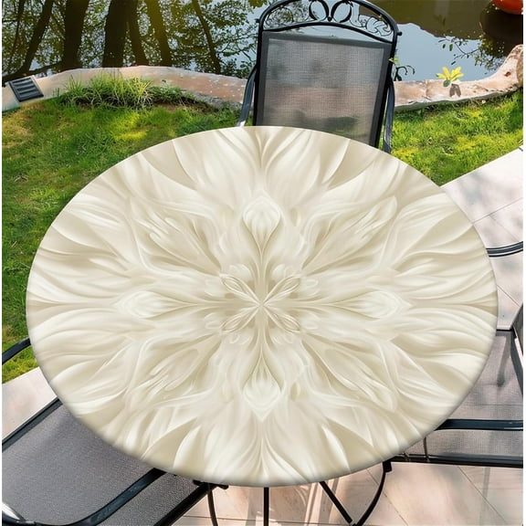 Round Fitted Tablecloth with Elastic Edge, Stain Resistant Waterproof Fabric Table Cover for 40"-44" Round Table, Indoor Outdoor Dining, Kitchen Decor, Camping, Holiday, Party, Petal Flow