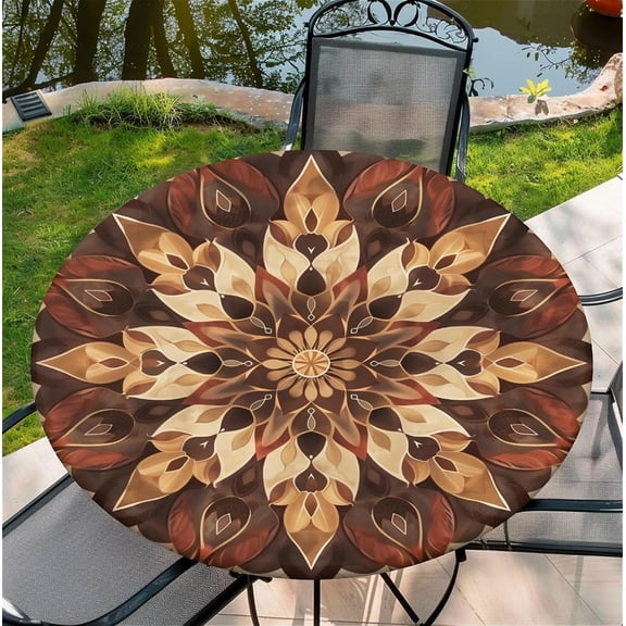 Round Fitted Tablecloth with Elastic Edge, Stain Resistant Waterproof Fabric Table Cover for 49"-52" Round Table, Indoor Outdoor Dining, Kitchen Decor, Camping, Holiday, Party, Mandala Brown