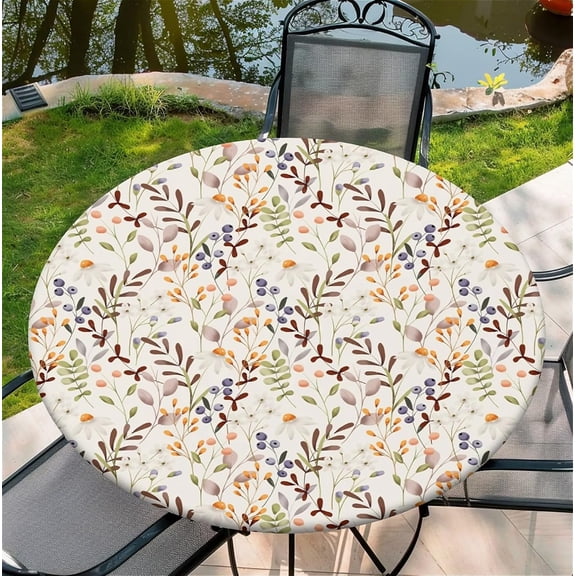 Round Fitted Tablecloth with Elastic Edge, Stain Resistant Waterproof Fabric Table Cover for 53"-60" Round Table, Indoor Outdoor Dining, Kitchen Decor, Camping, Holiday, Party, Botanical Sprig