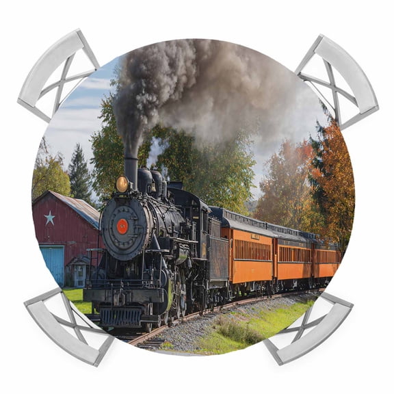 Round Fitted Tablecloth with Elastic Edge, Steam Train Waterproof Table Cloth Table Cover for 36"-44" Tables, Railroad Country Barn Rustic Trees Farmhouse Tablecloths for Dining Picnic Party Outdoor