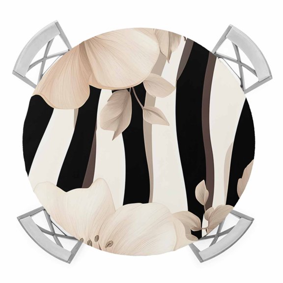 Round Fitted Tablecloth with Elastic Edge, Stripes Floral Waterproof Table Cloth Table Cover for 45"-54" Tables, Spring Flower Zebra Animal Pattern Floral Tablecloths for Dining Picnic Party Outdoor