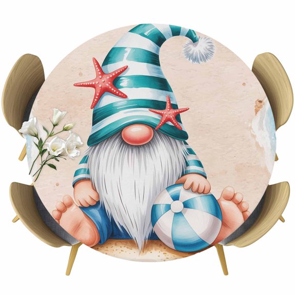 Round Fitted Tablecloth with Elastic Edge, Summer Beach Funny Stripes Gnome Fitted Table Cloth for Round Tables 55-60in, Ocean Sea Stars Waterproof Tablecloth for Outdoor Picnic Party