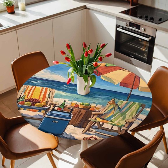 Round Fitted Tablecloth with Elastic Edge, Summer Beach Vacation Camping Fitted Table Cloth for Round Tables, Chair Sun Umbrella Fruit Ocean Waterproof Tablecloth for Outdoor Picnic Party 36-44in