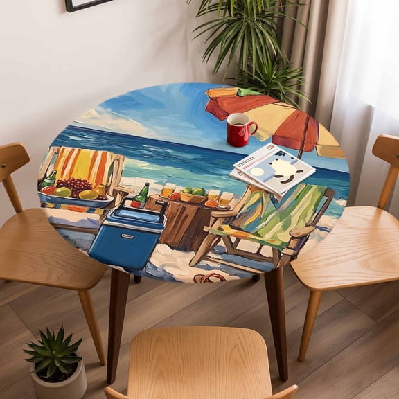 Round Fitted Tablecloth with Elastic Edge, Summer Beach Vacation Camping Fitted Table Cloth for Round Tables, Chair Sun Umbrella Fruit Ocean Waterproof Tablecloth for Outdoor Picnic Party 45-54in