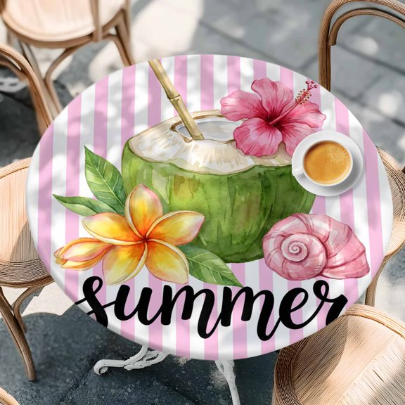 Round Fitted Tablecloth with Elastic Edge, Summer Coconut Flower Conch Waterproof Oil-Proof Table Cover, Ocean Beach Theme Pink Stripe Circle Table Cloth for Indoor Outdoor Picnic Party 36"x44"
