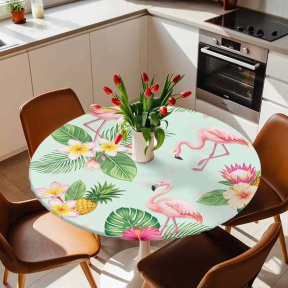 Round Fitted Tablecloth with Elastic Edge, Summer Flamingos Tropical Leaf Fitted Table Cloth for Round Tables, Pink Flower Pineapple Waterproof Tablecloth for Outdoor Picnic Party 36-44in