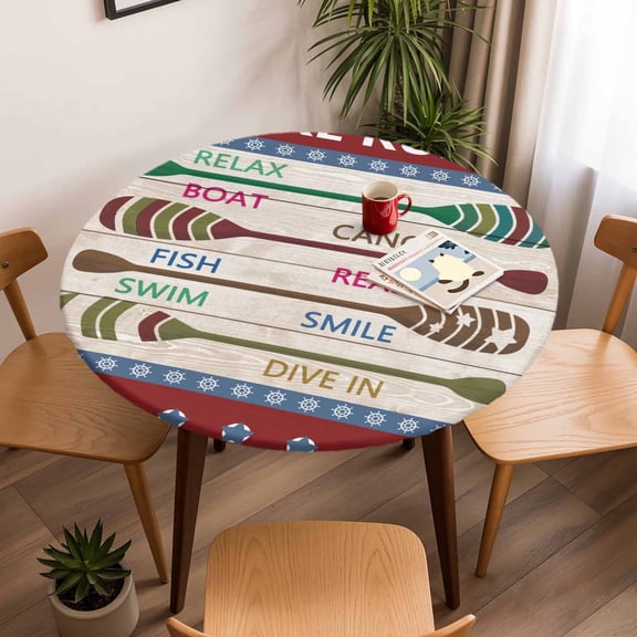 Round Fitted Tablecloth with Elastic Edge, Summer Lake Rules Paddle Fitted Table Cloth for Round Tables, Farm Wood Grain Red Maroon Waterproof Tablecloth for Outdoor Picnic Party 45-54in