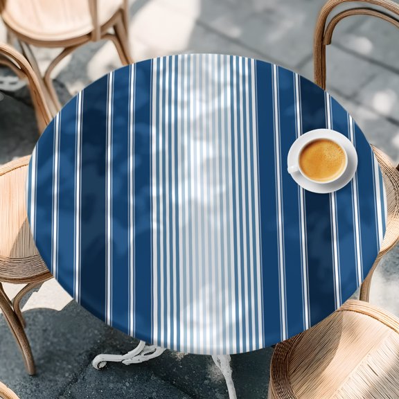 Round Fitted Tablecloth with Elastic Edge, Summer Navy Blue Stripe Waterproof Oil-Proof Table Cover, Abstract Geometric Ocean Theme Circle Table Cloth for Indoor Outdoor Picnic Party 36"x44"