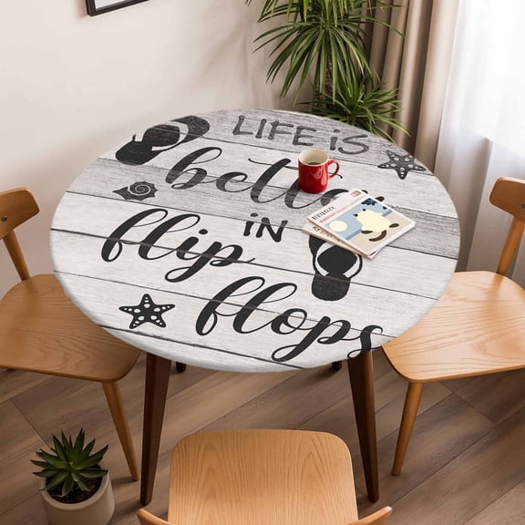 Round Fitted Tablecloth with Elastic Edge, Summer Ocean Theme Texts with Flip Flops Fitted Table Cloth for Round Tables, Wooden Grain Waterproof Tablecloth for Outdoor Picnic Party 45-54in