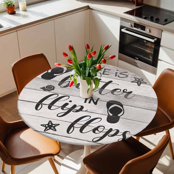 Round Fitted Tablecloth with Elastic Edge, Summer Ocean Theme Texts with Flip Flops Fitted Table Cloth for Round Tables, Wooden Grain Waterproof Tablecloth for Outdoor Picnic Party 36-44in