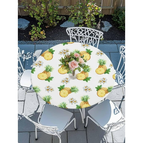 Round Fitted Tablecloth with Elastic Edge - Summer Pineapple Fruit Table Cloth for 36"-44" Circle Tables,Waterproof Oil-Proof Table Cover for Outdoor Picnic Party Events, Hawaii Plumeria Floral