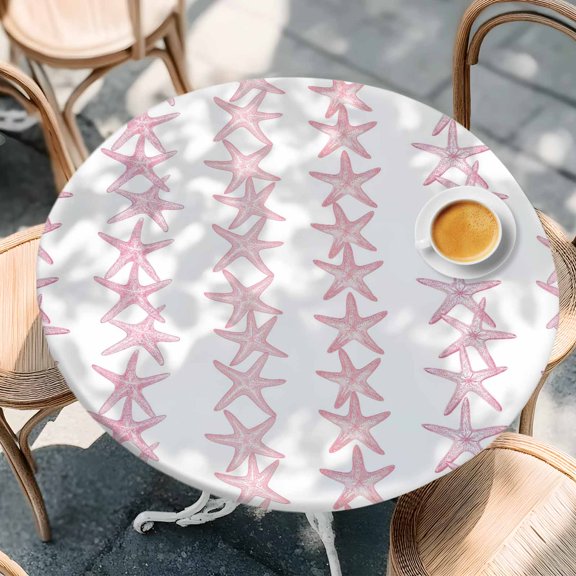 Round Fitted Tablecloth with Elastic Edge, Summer Pink Starfish Seamless Waterproof Oil-Proof Table Cover, Coastal Ocean Theme Circle Table Cloth for Indoor Outdoor Picnic Party 36"x44"