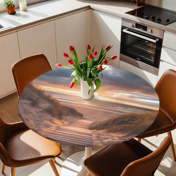 Round Fitted Tablecloth with Elastic Edge, Summer Seaside Beach Sunset Boardwalk Fitted Table Cloth for Round Tables, Ocean Water Waterproof Tablecloth for Outdoor Picnic Party 36-44in