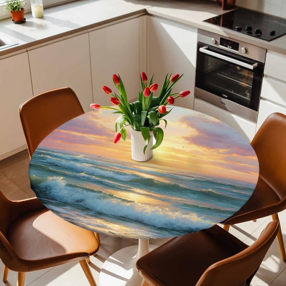 Round Fitted Tablecloth with Elastic Edge, Summer Seaside Sunset Seagull Fitted Table Cloth for Round Tables, Coastal Ocean Beach Theme Waterproof Tablecloth for Outdoor Picnic Party 36-44in