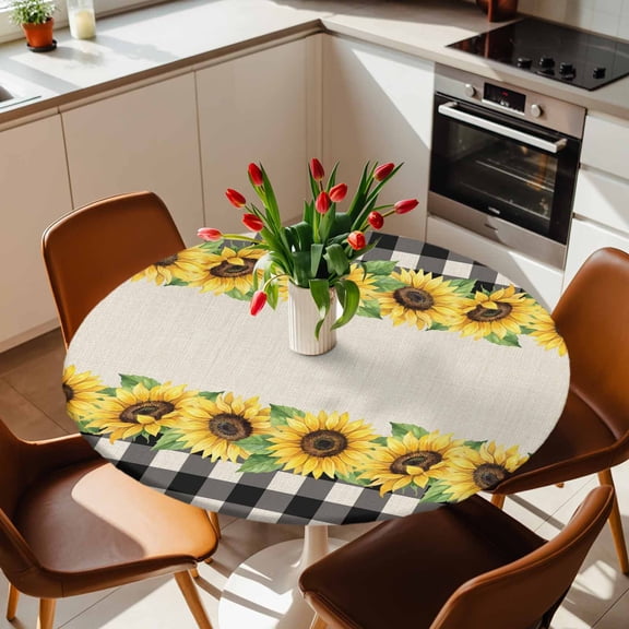 Round Fitted Tablecloth with Elastic Edge, Summer Sunflower Retro Linen Fitted Table Cloth for Round Tables, Black Gingham Check Waterproof Tablecloth for Outdoor Picnic Party 36-44in