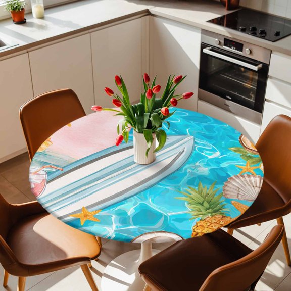Round Fitted Tablecloth with Elastic Edge, Summer Tropical Surfboard Fitted Table Cloth for Round Tables, Pineapple Starfish Cocktail Waterproof Tablecloth for Outdoor Picnic Party 36-44in