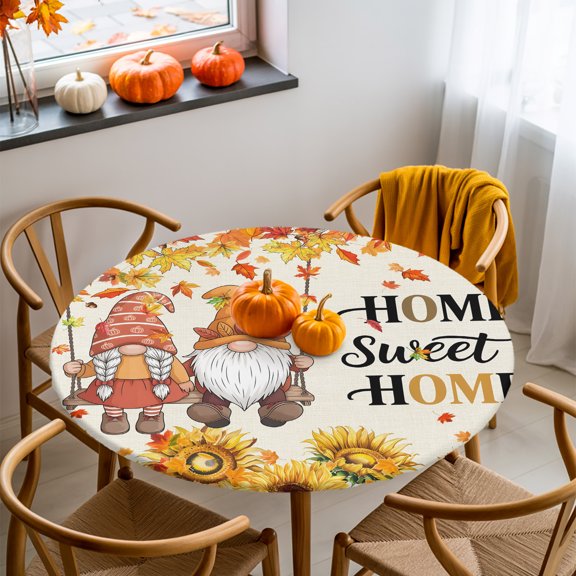 Round Fitted Tablecloth with Elastic Edge, Sweet Home Words on Linen Fitted Table Cloth for Round Tables, Thanksgiving Gnome Sunflower Waterproof Tablecloth for Outdoor Picnic Party 55-60in