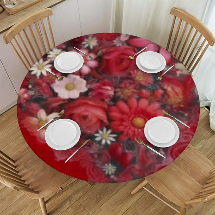 Hongjinglin Fitted Round Tablecloth With Elastic Edge - Fall Landscape Print, Wipeable, For 45-50" Tables