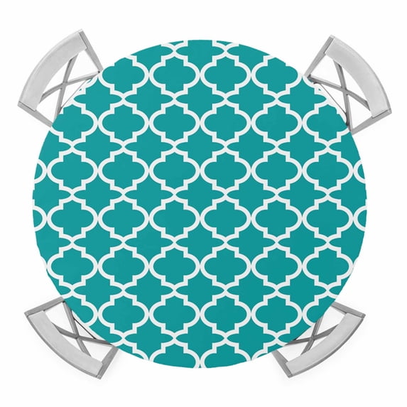 Round Fitted Tablecloth with Elastic Edge, Teal Morocco Waterproof Table Cloth Table Cover for 45"-54" Tables, Ethnic Boho Minimalist Abstract Geometric Tablecloths for Dining Picnic Party Outdoor