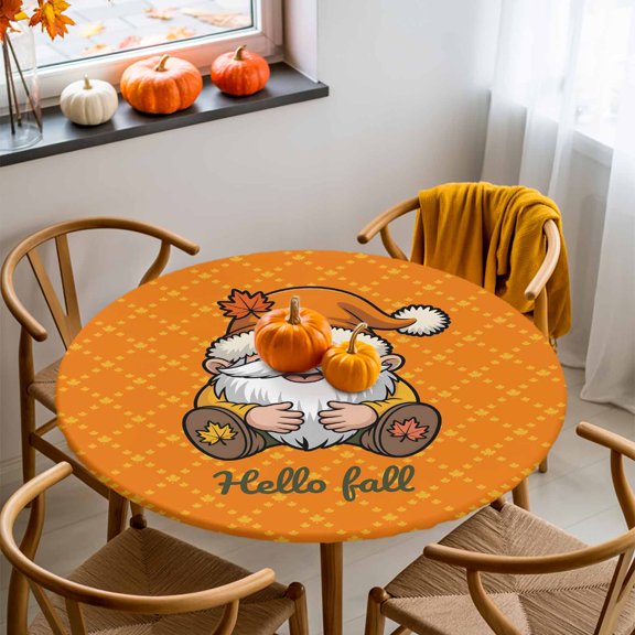 Round Fitted Tablecloth with Elastic Edge, Thanksgiving Autumn Gnome Fitted Table Cloth for Round Tables, Hello Fall Words on Orange Waterproof Tablecloth for Outdoor Picnic Party 55-60in