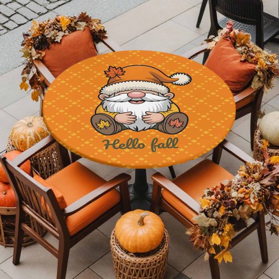Round Fitted Tablecloth with Elastic Edge, Thanksgiving Autumn Gnome Fitted Table Cloth for Round Tables, Hello Fall Words on Orange Waterproof Tablecloth for Outdoor Picnic Party 45-54in