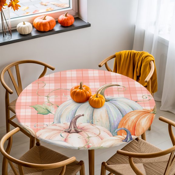 Round Fitted Tablecloth with Elastic Edge, Thanksgiving Blue Pink Pumpkins Fitted Table Cloth for Round Tables, Red Plaid Background Waterproof Tablecloth for Outdoor Picnic Party 36-44in