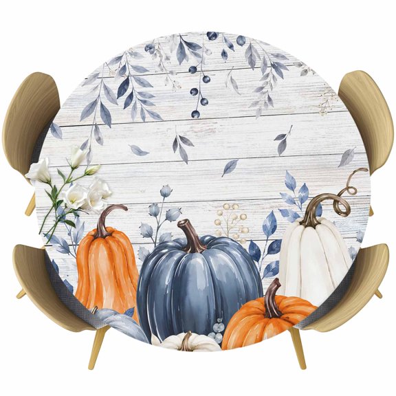 Round Fitted Tablecloth with Elastic Edge, Thanksgiving Fall Pumpkin Leaves Waterproof Oil-Proof Table Cover, Watercolor Plant Wood Plank Circle Table Cloth for Indoor Outdoor Picnic Party 45"x54"