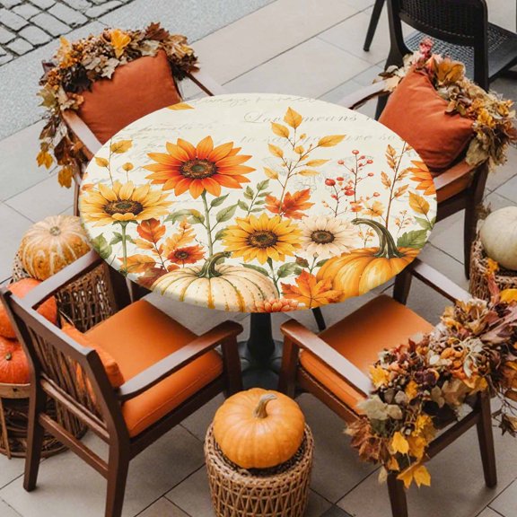 Round Fitted Tablecloth with Elastic Edge, Thanksgiving Fall Pumpkin Sunflower Waterproof Oil-Proof Table Cover, Rustic Floral Leaves Circle Table Cloth for Indoor Outdoor Picnic Party 36"x44"