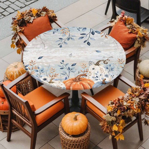 Round Fitted Tablecloth with Elastic Edge, Thanksgiving Fall Rustic Pumpkin Waterproof Oil-Proof Table Cover, Farm Flower Leaves Wooden Circle Table Cloth for Indoor Outdoor Picnic Party 36"x44"
