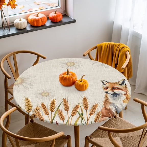 Round Fitted Tablecloth with Elastic Edge, Thanksgiving Fox Autumn Daisy Fitted Table Cloth for Round Tables, Farm Wheat Ears Vintage Linen Waterproof Tablecloth for Outdoor Picnic Party 36-44in