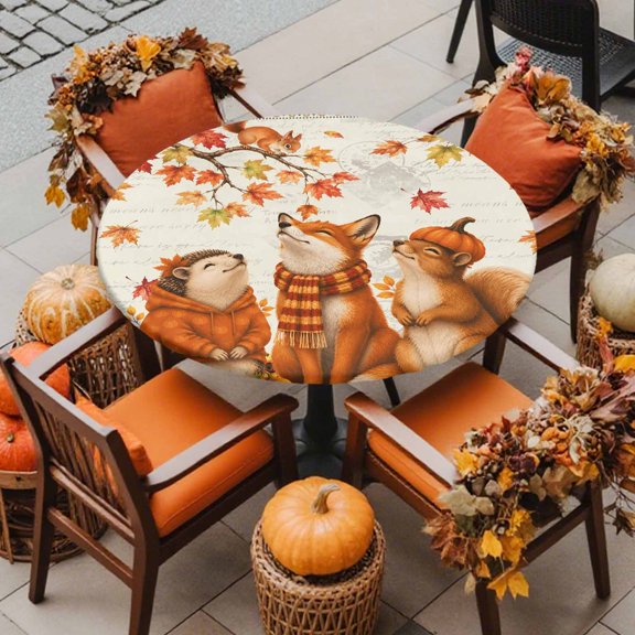 Round Fitted Tablecloth with Elastic Edge, Thanksgiving Fox Squirrel Hedgehog Waterproof Oil-Proof Table Cover, Fall Maple Leaf Pumpkin Circle Table Cloth for Indoor Outdoor Picnic Party 36"x44"