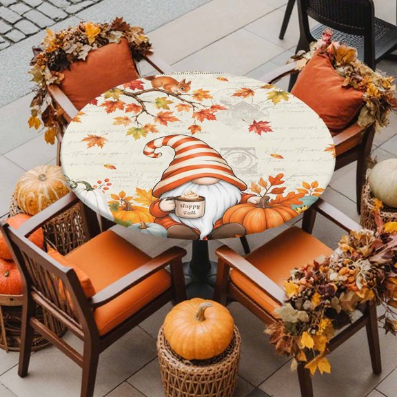 Round Fitted Tablecloth with Elastic Edge, Thanksgiving Gnome Pumpkin Waterproof Oil-Proof Table Cover, Fall Maple Leaf Sunflower Squirrel Circle Table Cloth for Indoor Outdoor Picnic Party 36"x44"