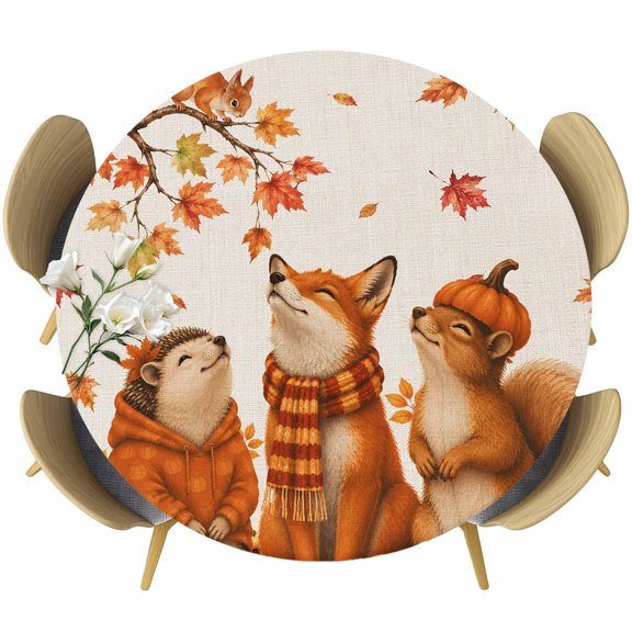 Round Fitted Tablecloth with Elastic Edge, Thanksgiving Hedgehog Fox Squirrel Waterproof Oil-Proof Table Cover, Fall Maple Leaf Retro Linen Circle Table Cloth for Indoor Outdoor Picnic Party 55"x60"