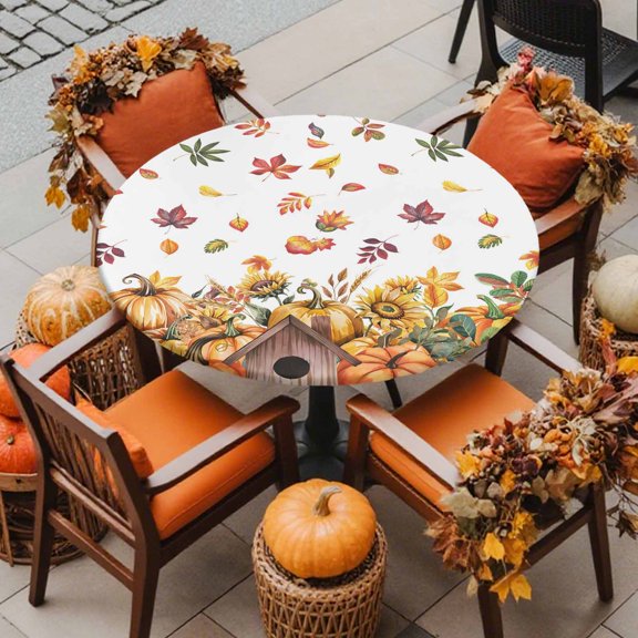 Round Fitted Tablecloth with Elastic Edge, Thanksgiving Pumpkin Fall Maple Leaf Fitted Table Cloth for Round Tables, Watercolor Sunflower Chalet Waterproof Tablecloth for Outdoor Picnic 45-54in