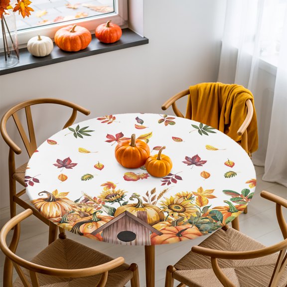 Round Fitted Tablecloth with Elastic Edge, Thanksgiving Pumpkin Fall Maple Leaf Fitted Table Cloth for Round Tables, Watercolor Sunflower Chalet Waterproof Tablecloth for Outdoor Picnic 55-60in
