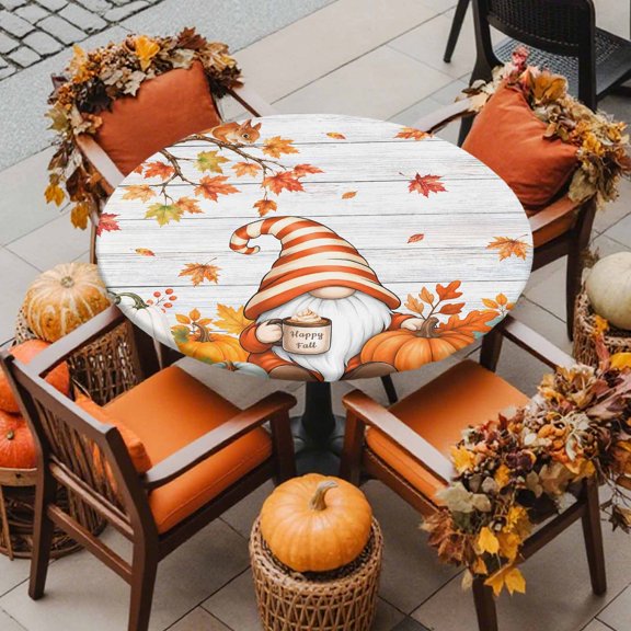 Round Fitted Tablecloth with Elastic Edge, Thanksgiving Pumpkin Gnome Waterproof Oil-Proof Table Cover, Fall Orange Maple Leaves Tree Circle Table Cloth for Indoor Outdoor Picnic Party 36"x44"