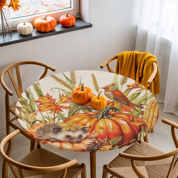 Round Fitted Tablecloth with Elastic Edge, Thanksgiving Pumpkin Wheat Hedgehog Fitted Table Cloth for Round Tables, Farm Corn Maple Leaf on Flax Waterproof Tablecloth for Outdoor Picnic 36-44in