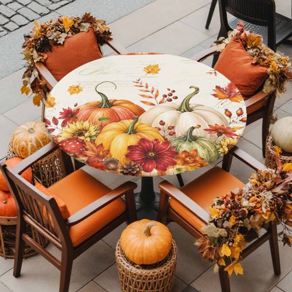 Round Fitted Tablecloth with Elastic Edge, Thanksgiving Pumpkins Flowers Waterproof Oil-Proof Table Cover, Retro Background Circle Table Cloth for Indoor Outdoor Picnic Party 36"x44"