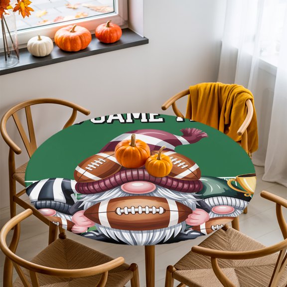 Round Fitted Tablecloth with Elastic Edge, Thanksgiving Sport Rugby Gnomes Fitted Table Cloth for Round Tables, It's Game Time Words Waterproof Tablecloth for Outdoor Picnic Party 36-44in