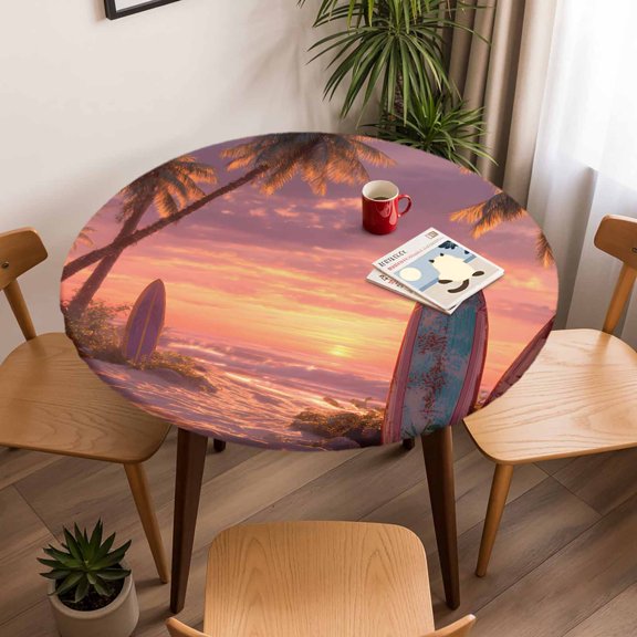 Round Fitted Tablecloth with Elastic Edge, Tropical Sunset Beach Surfboards Fitted Table Cloth for Round Tables, Ocean Palm Trees Waterproof Tablecloth for Outdoor Picnic Party 45-54in