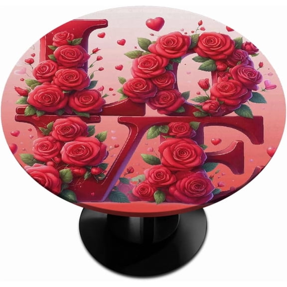 Round Fitted Tablecloth with Elastic Edge Valentine Love Flower Small Round Table Cover Wipeable Circle Table Cloths for Outdoor Party Patio Kitchen Holiday Decor Size 42 Fit for 40"-44" Table