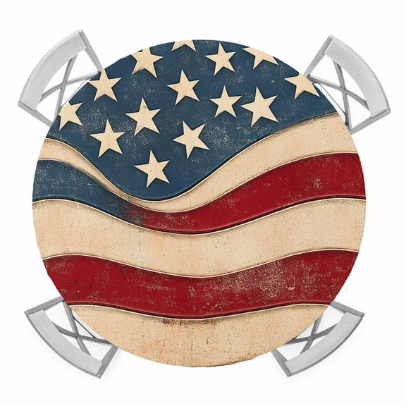 Round Fitted Tablecloth with Elastic Edge, Vintage American Flag Waterproof Table Cloth Table Cover for 45"-54" Tables, Blue Red White Star US Flag Tablecloths for Dining Picnic Party Outdoor