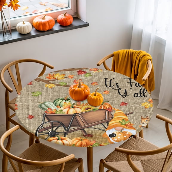 Round Fitted Tablecloth with Elastic Edge, Vintage Autumn Gnome Squirrel Fitted Table Cloth for Round Tables, Pumpkin on Linen Waterproof Tablecloth for Outdoor Picnic Party 36-44in