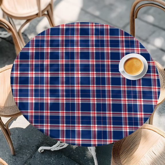 Round Fitted Tablecloth with Elastic Edge, Vintage Blue Grid Gingham Waterproof Oil-Proof Table Cover, Vintage Minimalist Plaid Circle Table Cloth for Indoor Outdoor Picnic Party 36"x44"
