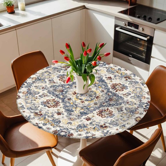 Round Fitted Tablecloth with Elastic Edge, Vintage Bohemian Floral Fitted Table Cloth for Round Tables, Abstract Boho Ethnic Yellow Flowers Waterproof Tablecloth for Outdoor Picnic Party 36-44in