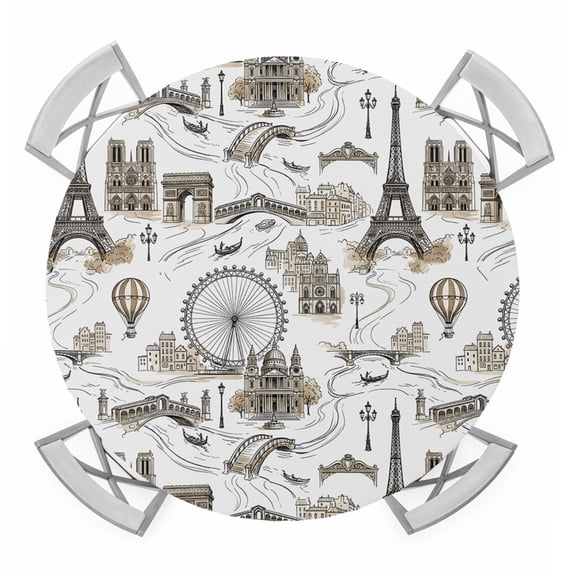 Round Fitted Tablecloth with Elastic Edge, Vintage Eiffel Tower Waterproof Table Cloth Table Cover for 36"-44" Tables, Buildings Ferris Wheel Bridge Retro Rustic Tablecloths for Dining Party Outdoor